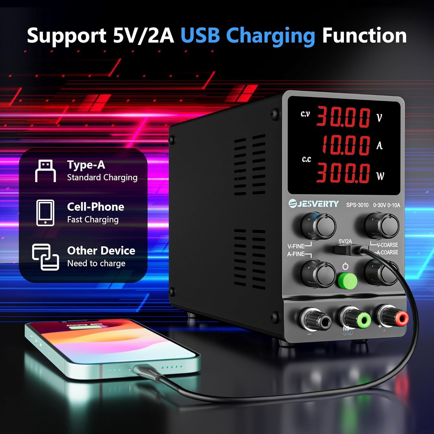 Bench Power Supply 0-30V 10A Adjustable Switching with Fine Adjustment Knob