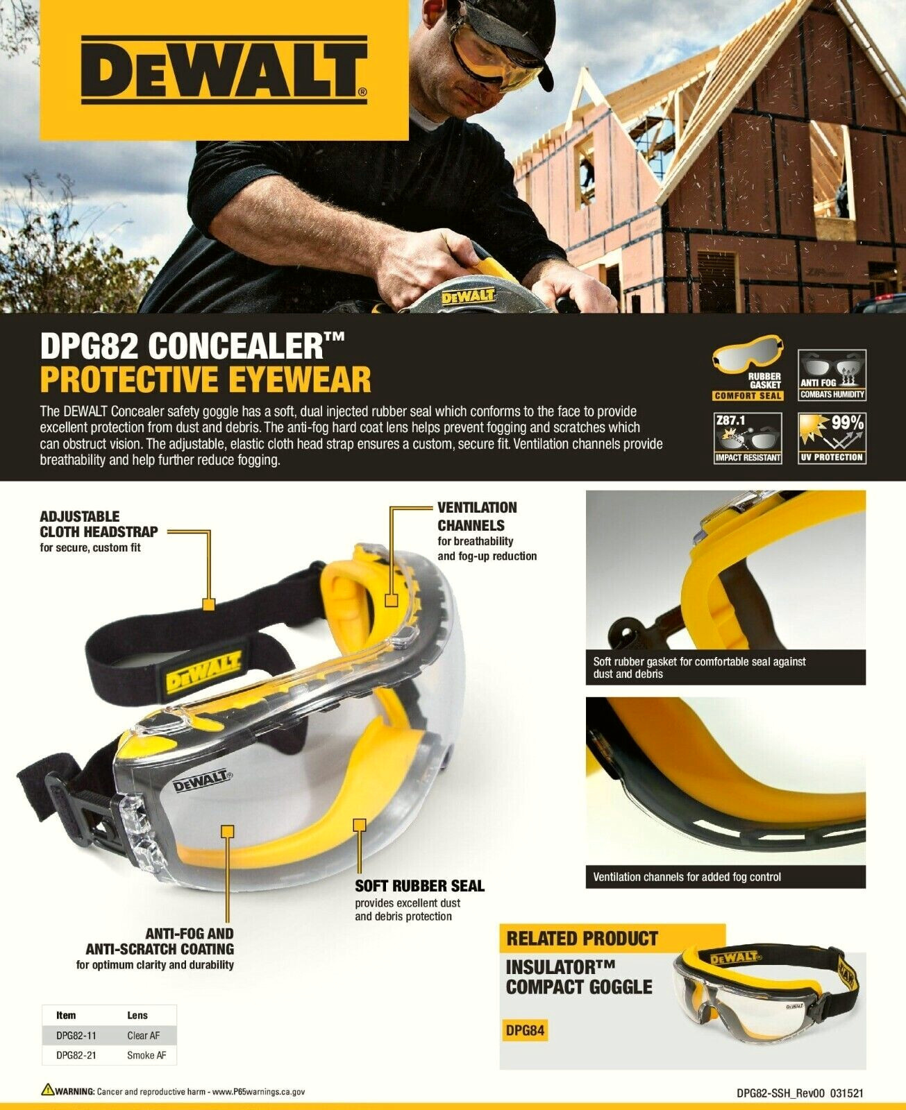 DEWALT DPG82-11C Concealer Safety Goggles with Clear Anti-Fog Lens