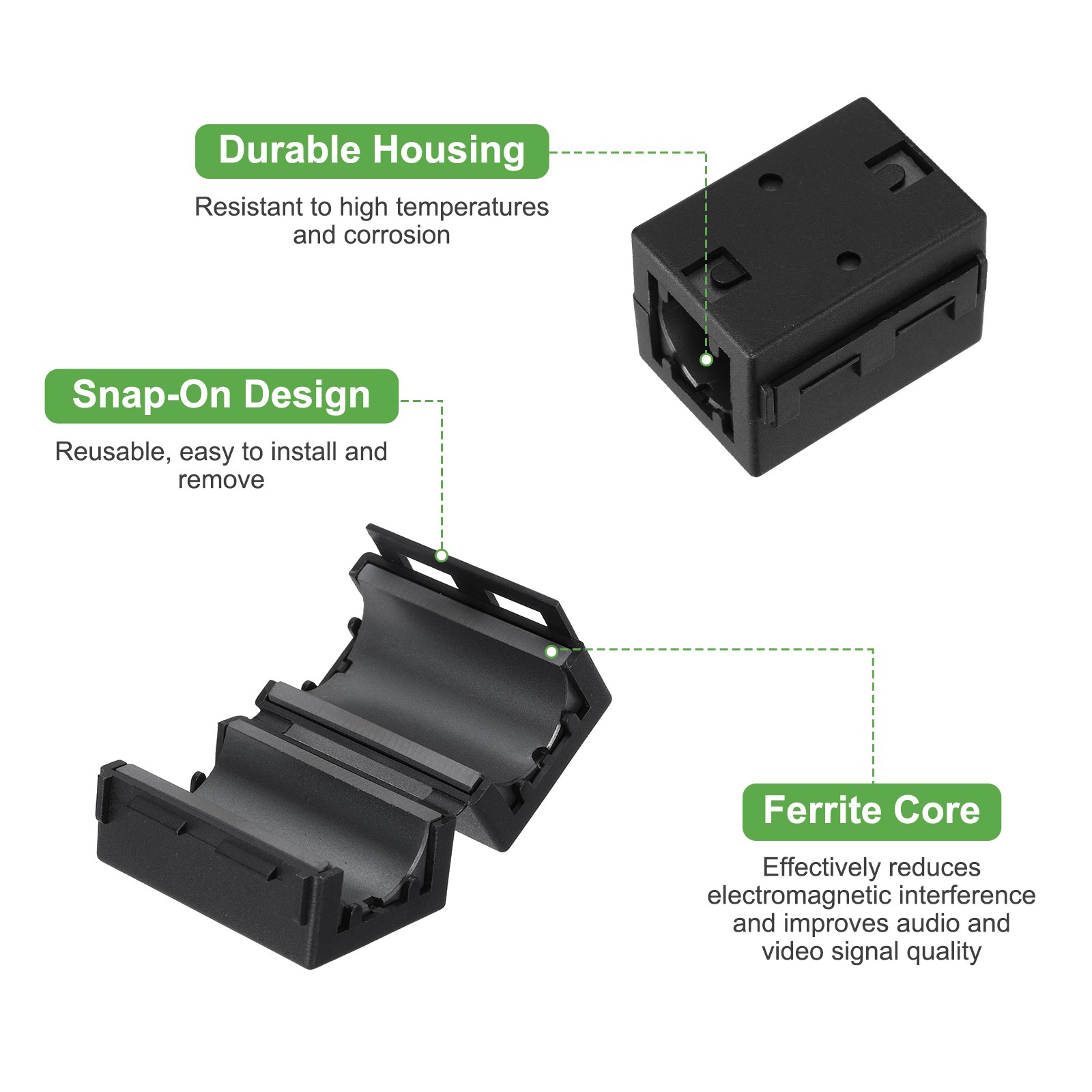19mm Clip-on Ferrite Ring Core Square for Cable, Black Enhanced 2pcs