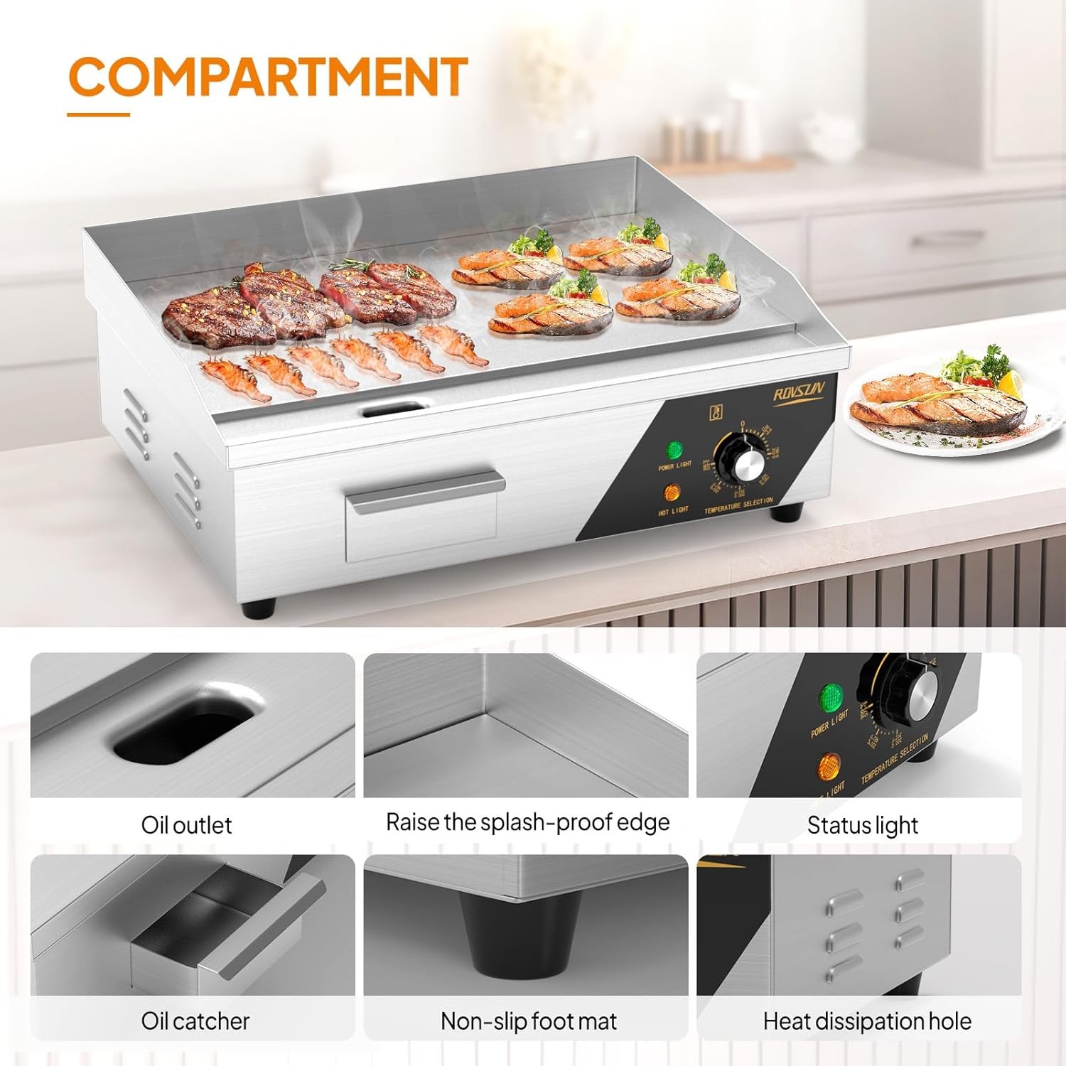 Commercial Electric Griddle, 22″ Countertop Flat Top Grill,122℉-572 ℉ Adjustable