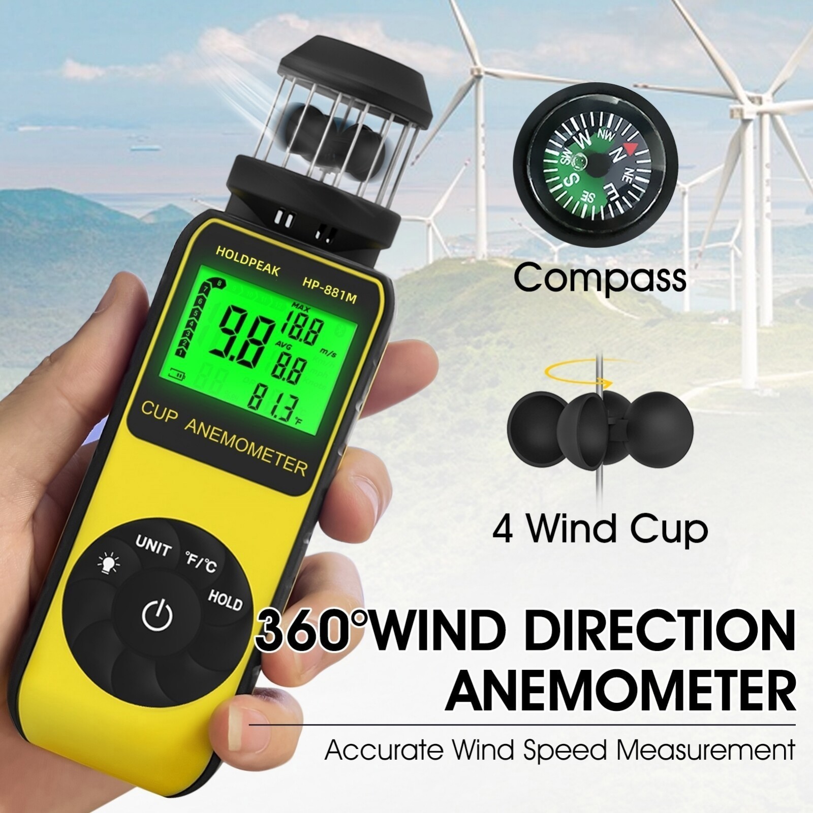 Cup Anemometer, Wind Speed/Temp, 5 Units Backlight Data Hold Max/Avg, Air Flow