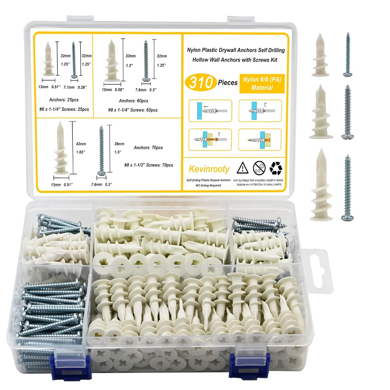 3 Sizes Self Drilling Drywall Anchors, 310PCS Nylon Plastic Wall Anchors