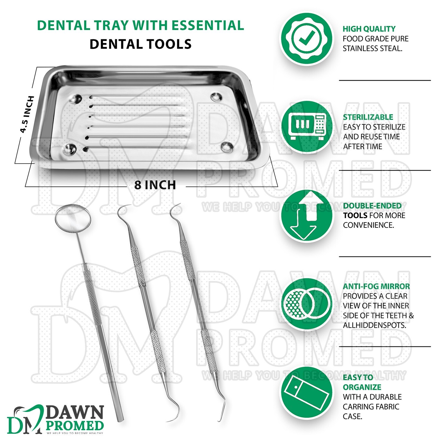 4 Pcs Basic Dental Instruments Set With Scaler Tray, Mirror, Explorer, & Picker