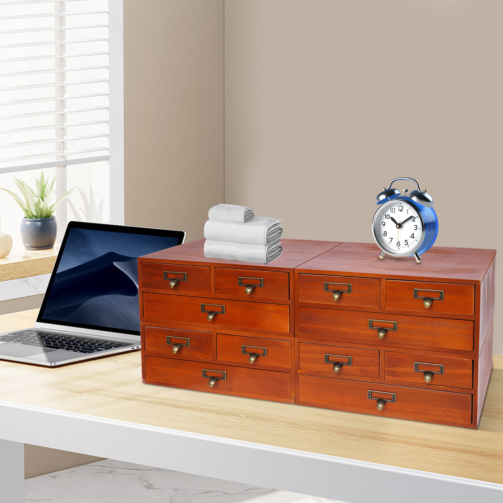 4 Pack 3 Drawer Wooden Desktop Organizer Drawer Storage Box For Tabletop- Brown