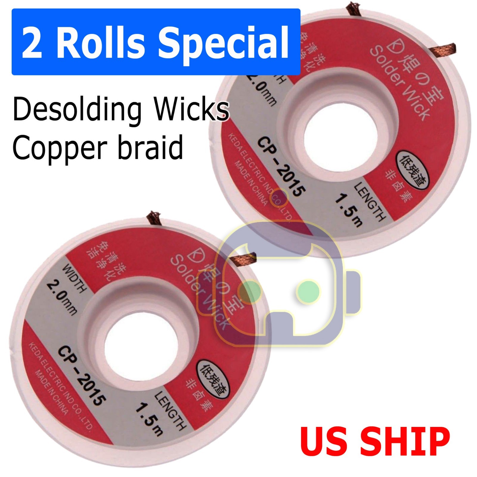 2 Rolls 2mm x 5ft Desoldering Braid Wick Solder Remover w/ No Residue Rosin Flux