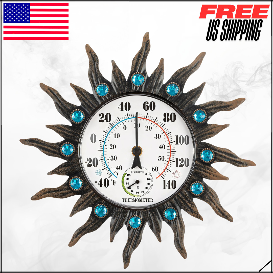 Retro Sun Wall Mounted Thermometer W/Hygrometer Waterproof Decorative Patio Yard