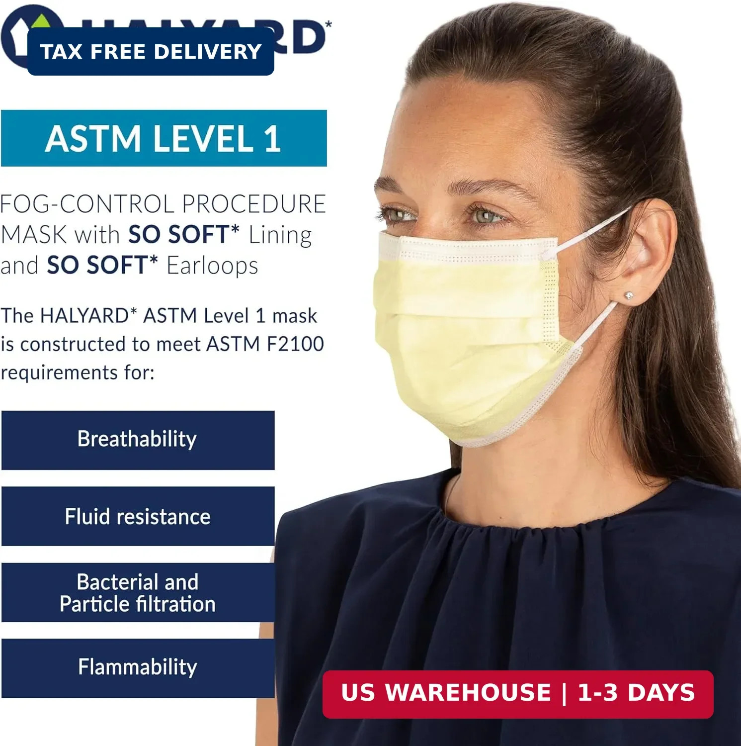 HALYARD Level 1 Disposable Procedure Mask, Earloops, Yellow, 47567