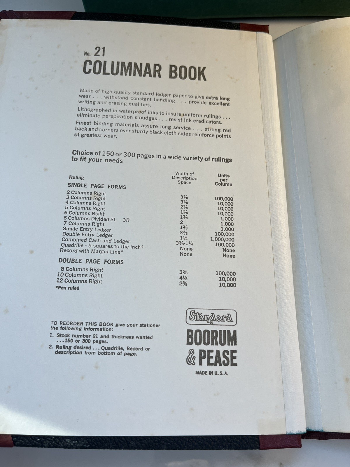 VTG Boorum & Pease Standard Blank Book columnar record no 21 150 pg NOS USA made