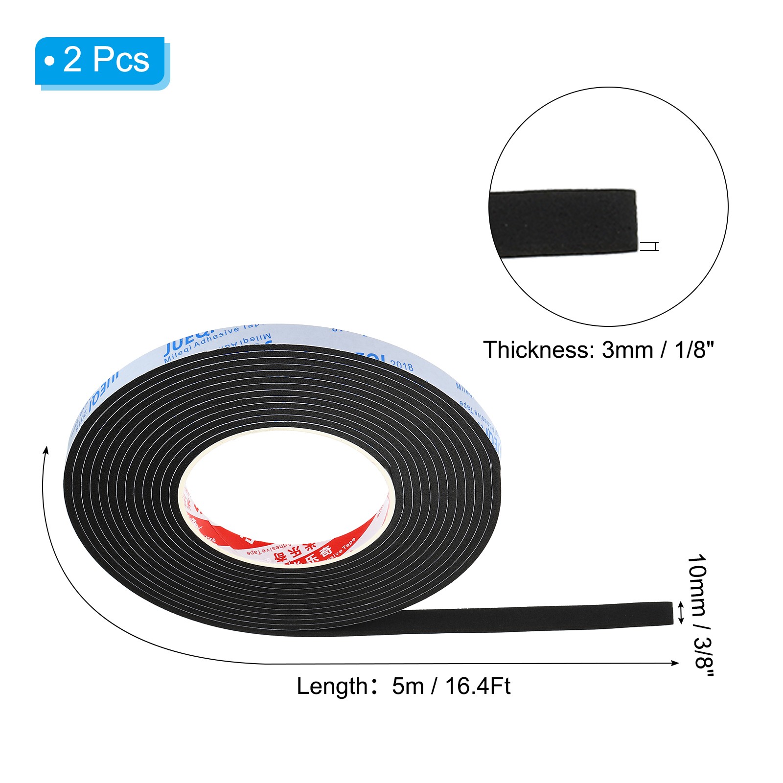 2 Pack 3/8″W x 1/8″T x 16.4Ft EVA Single Sided Foam Tape Black