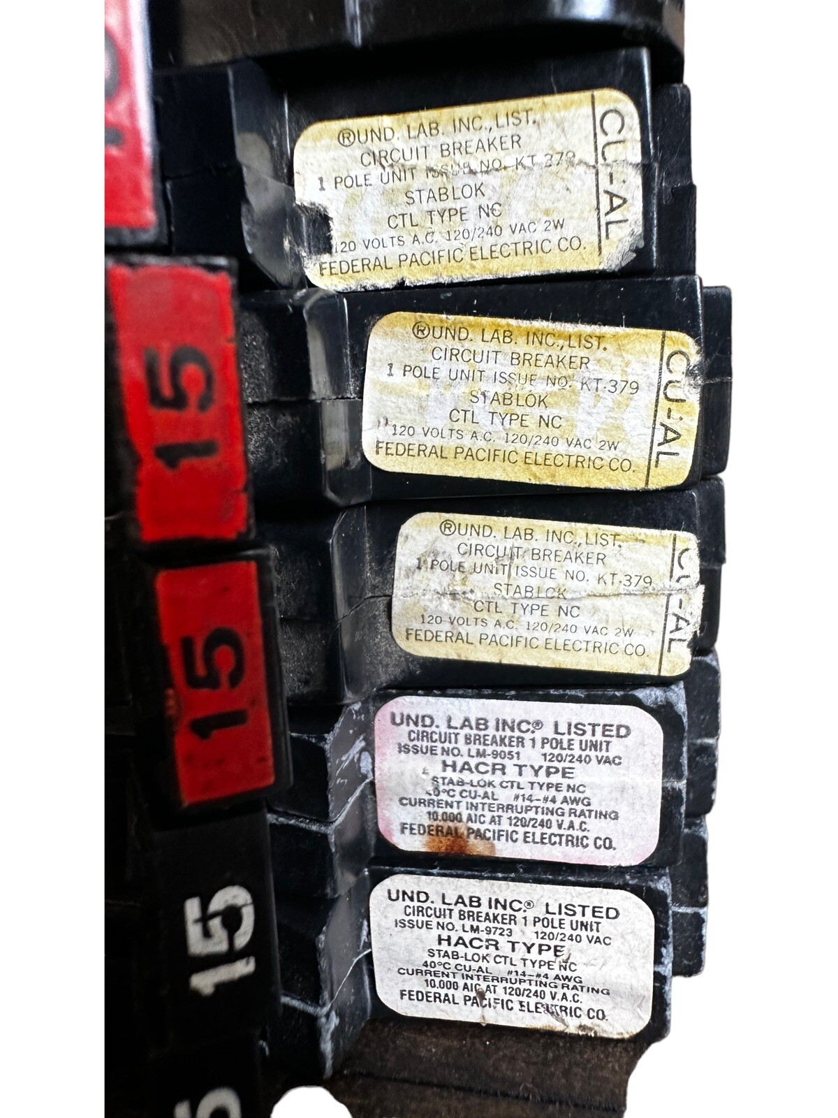 Lot of 6 Federal Pacific FPE NC115 Circuit Breaker 15A 1-Pole Stab-Lok Red Bezel