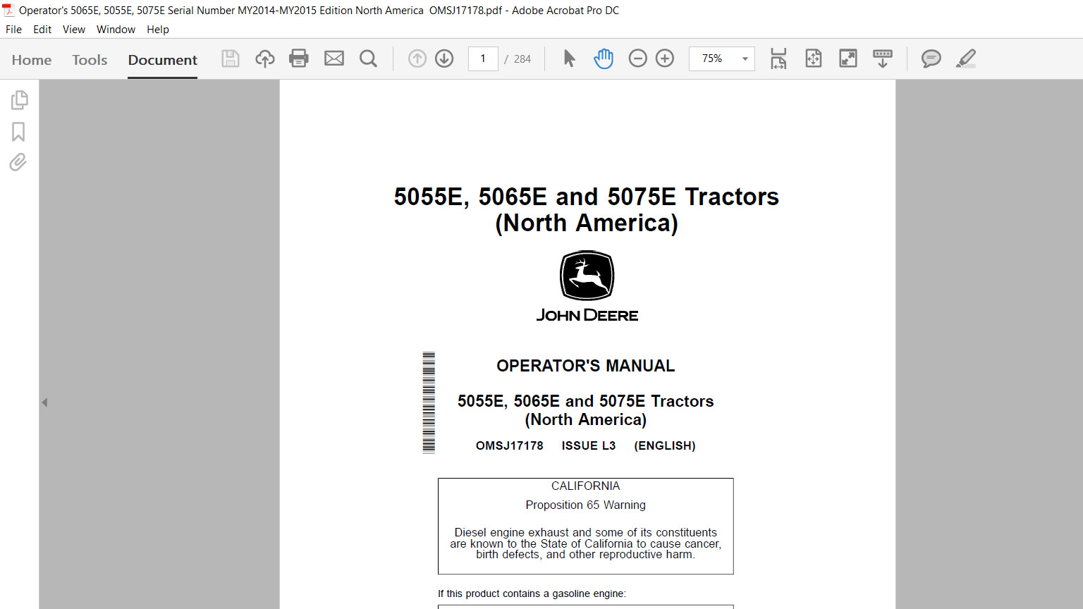 John Deere 5055E 5065E 5075E Tractor Technical & Diagnosis Tests Manual Set USB