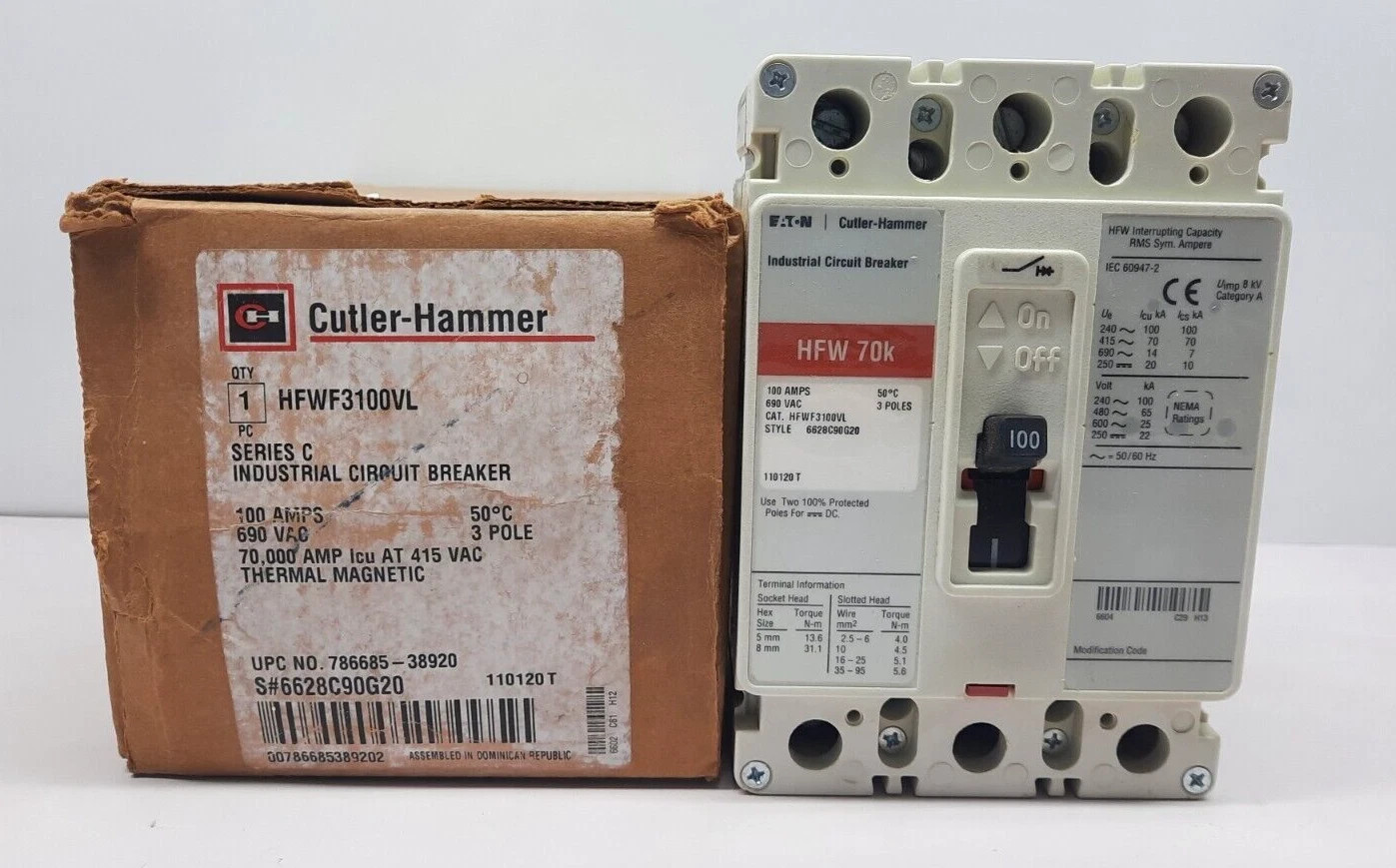CUTLER HAMMER HFWF3100VL3 POLE 100 AMPS HFW 70K CIRCUIT BREAKER 690VAC