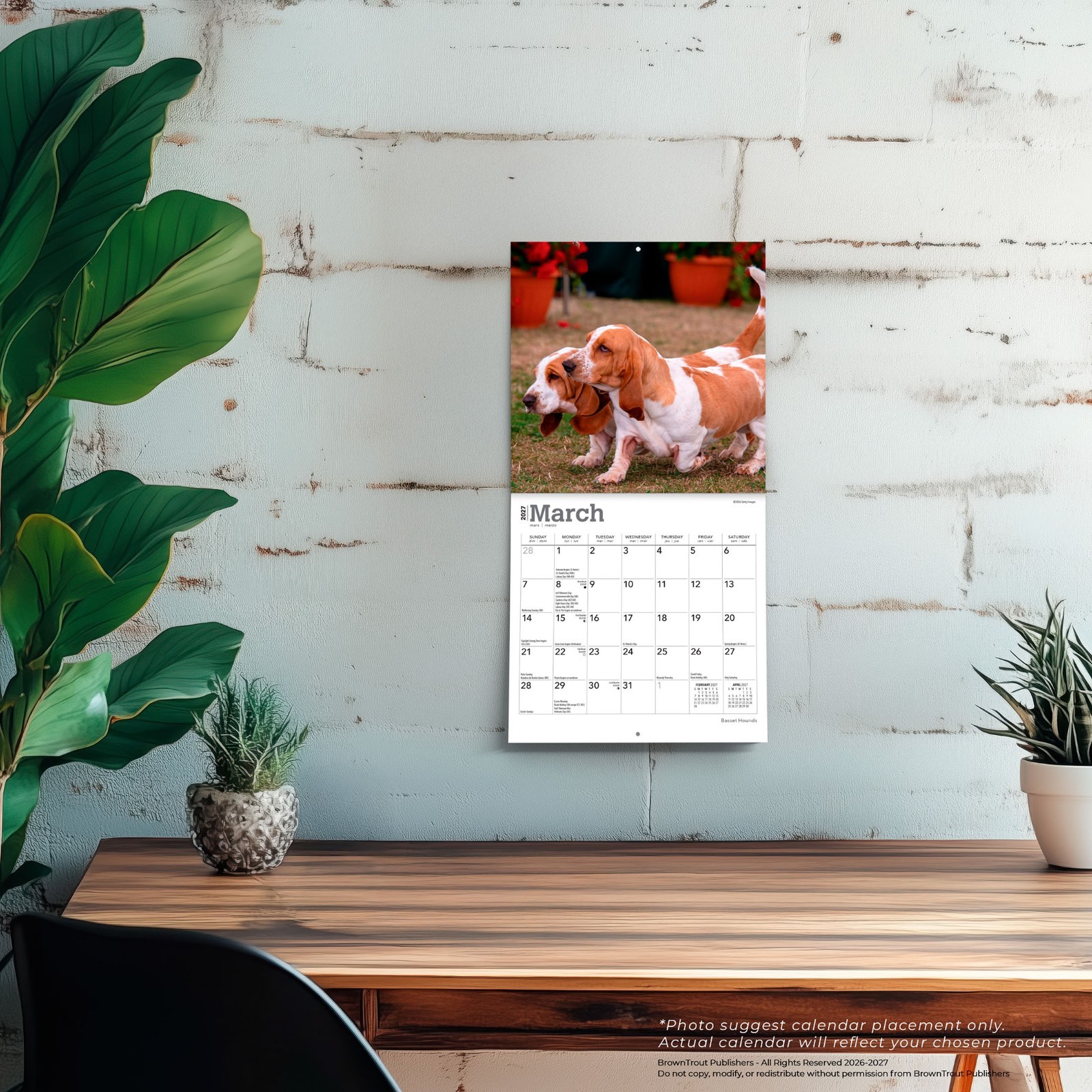 Basset Hounds | 2027 7×14″ (Hanging) Monthly Mini Wall Calendar