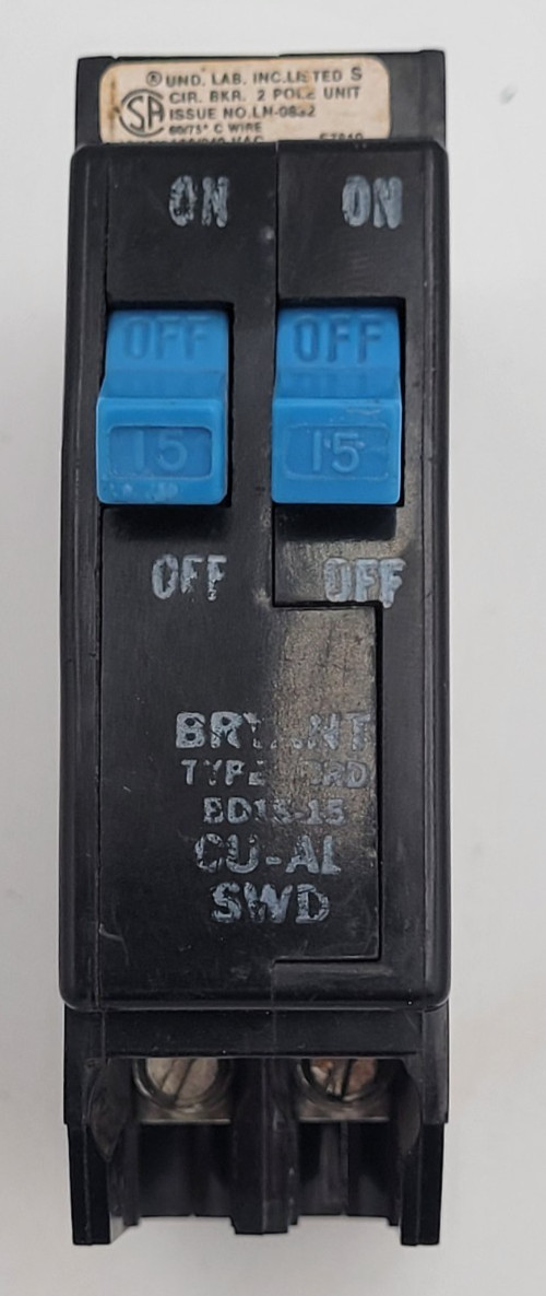 Bryant BD1515 15 Amp 1-Pole 120 V Plug-On Twin Tandem Circuit Breaker USED