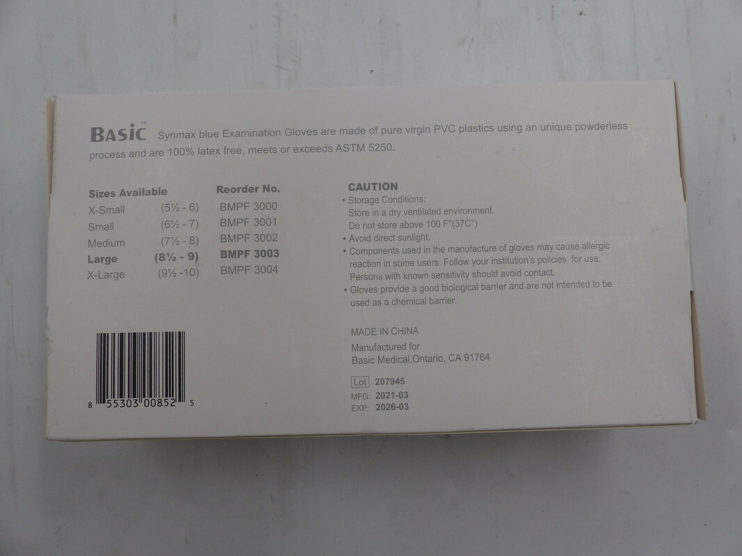 BASIC VINYL 100 PACK SYNMAX EXAM GLOVES LATEX FREE SIZE LARGE BMPF3003