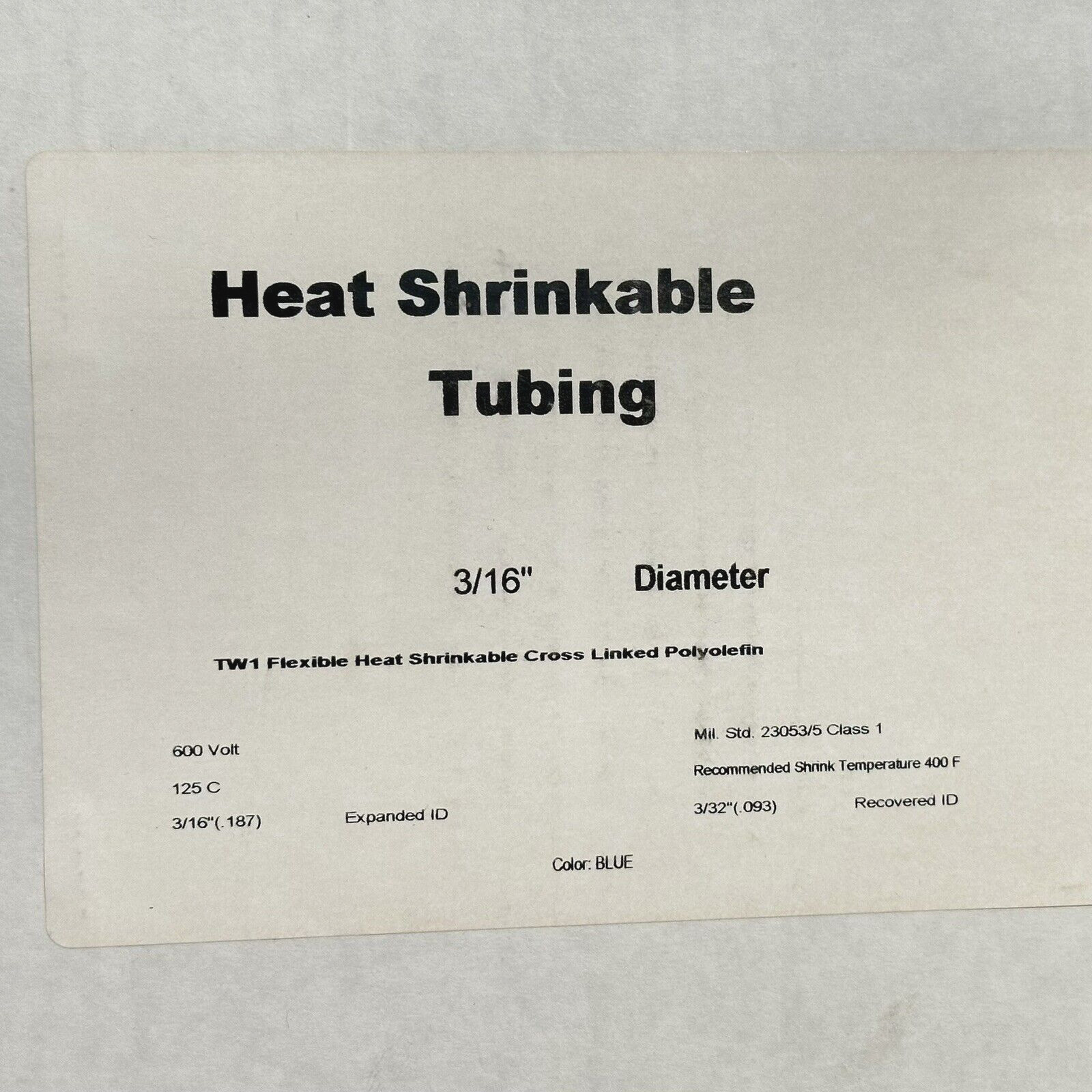 50ft Blue Heat Shrink Tubing – 3/16″ – Polyolefin – 2:1 Shrink – 600V Rated