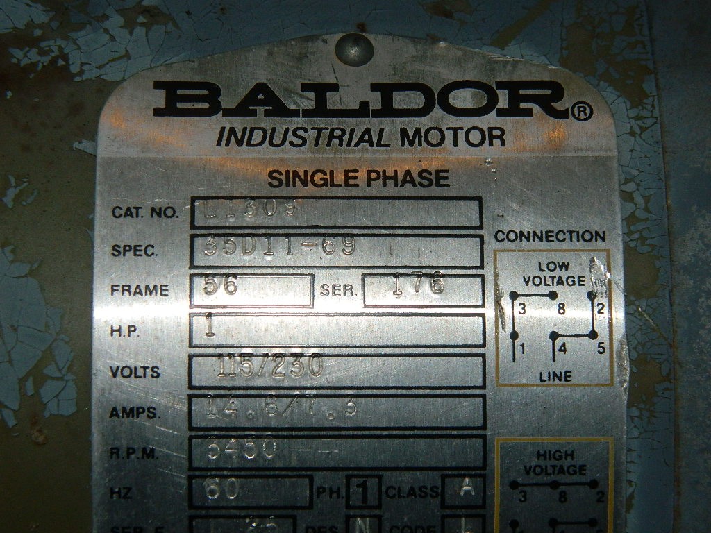 Baldor Industrial Motor Single Phase L1309 1HP 115/230 Volt 3450 RPM 5/8″ Shaft