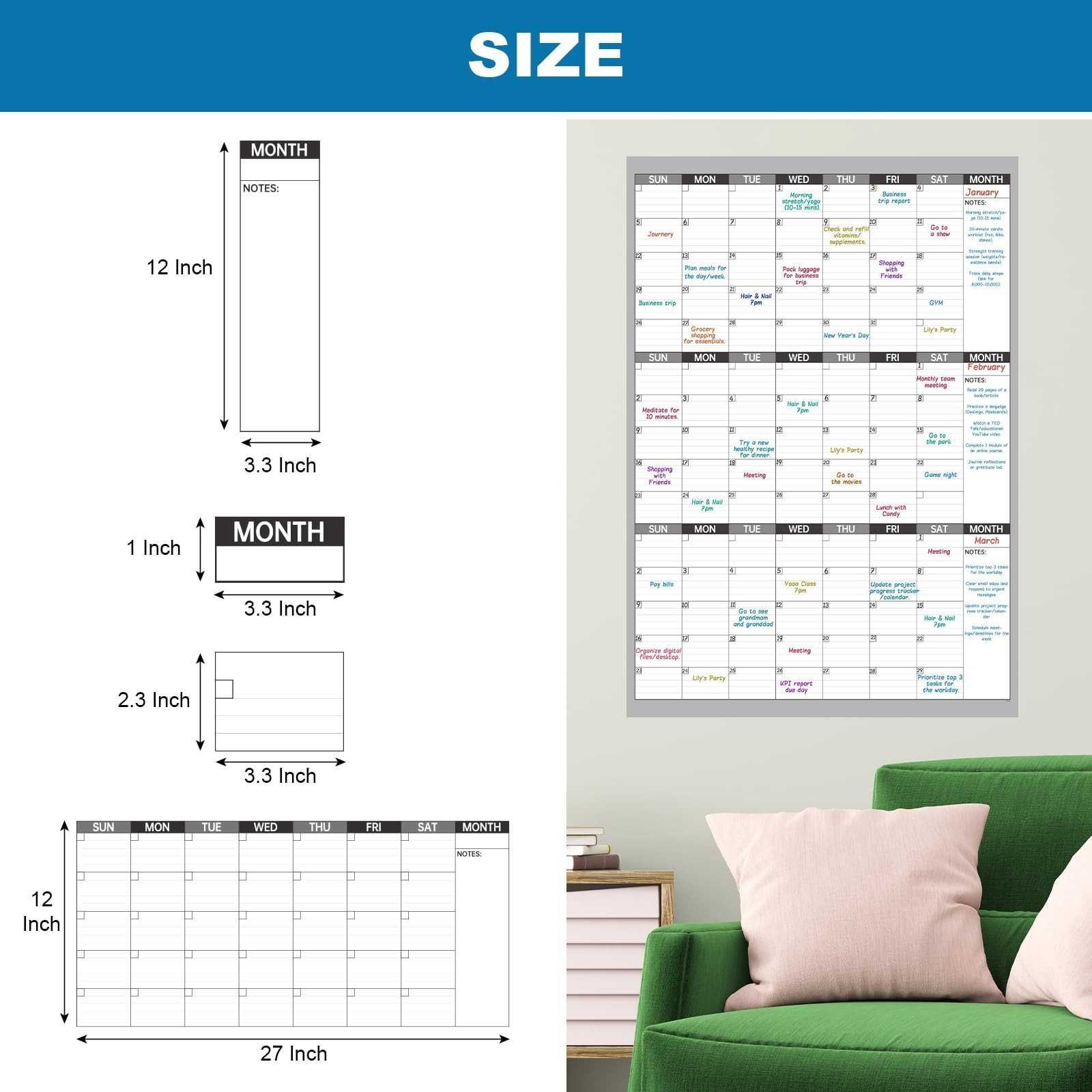 Large Dry Erase Calendar for Wall – Undated 3 Month Wall Calendar, 28″ x 40″(…