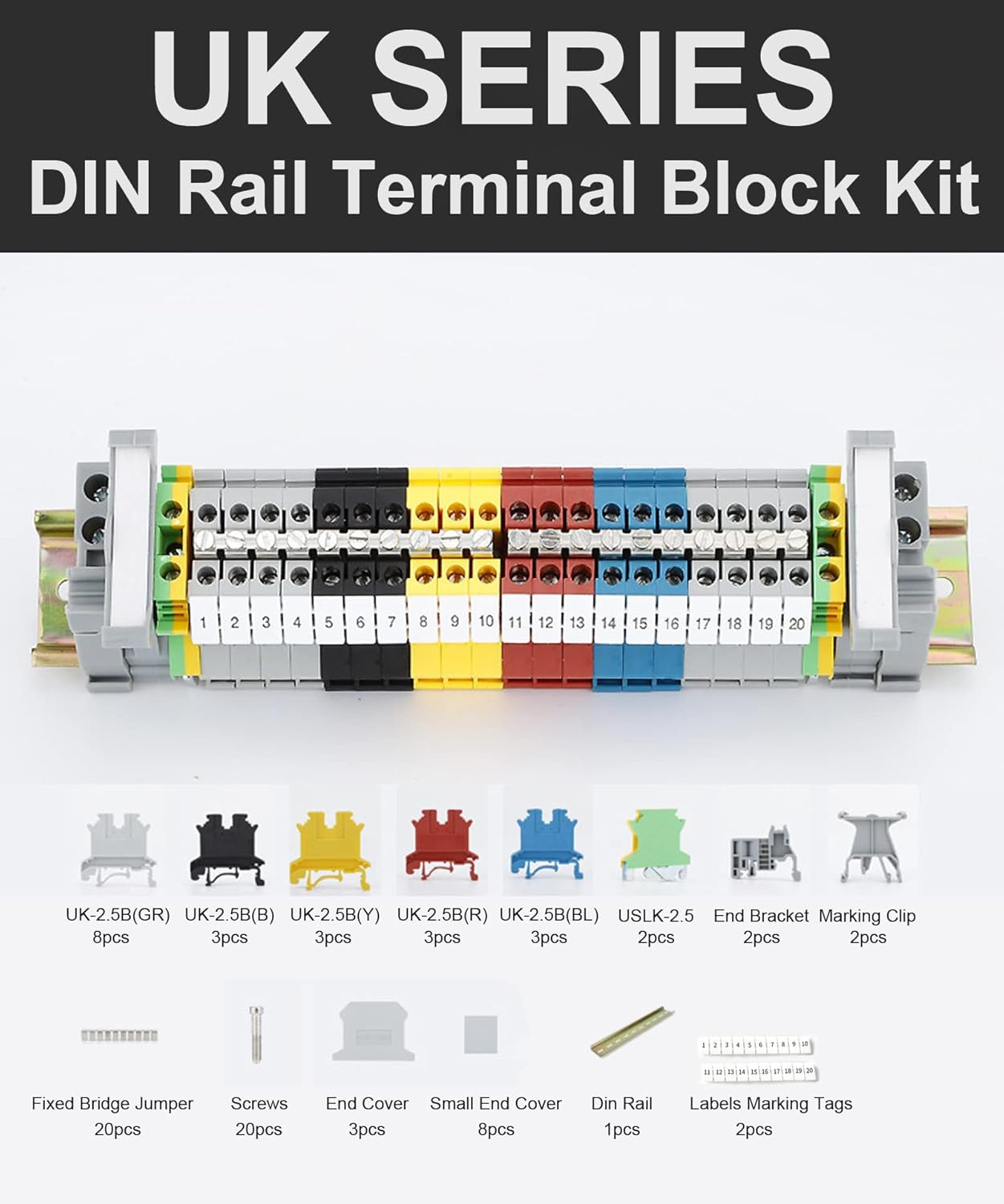 DIN Rail Terminal Block Kit 20 UK2.5B 12 AWG Gauge Terminal Blocks 20A 600V Grou