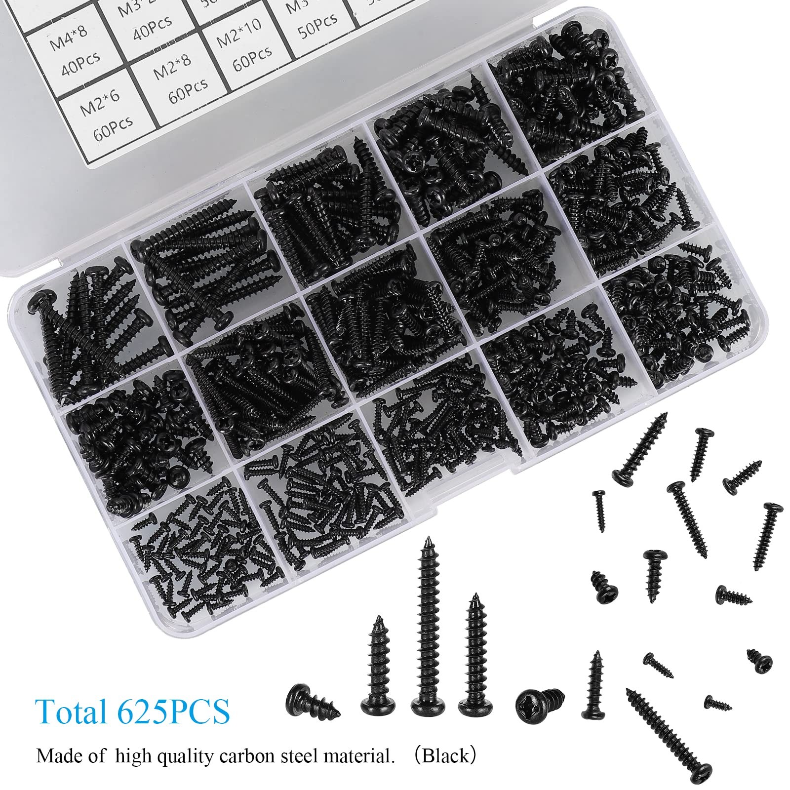 625pcs M2-M4 Phillips Pan Head Self-Tapping Screws Assortment Kit Black