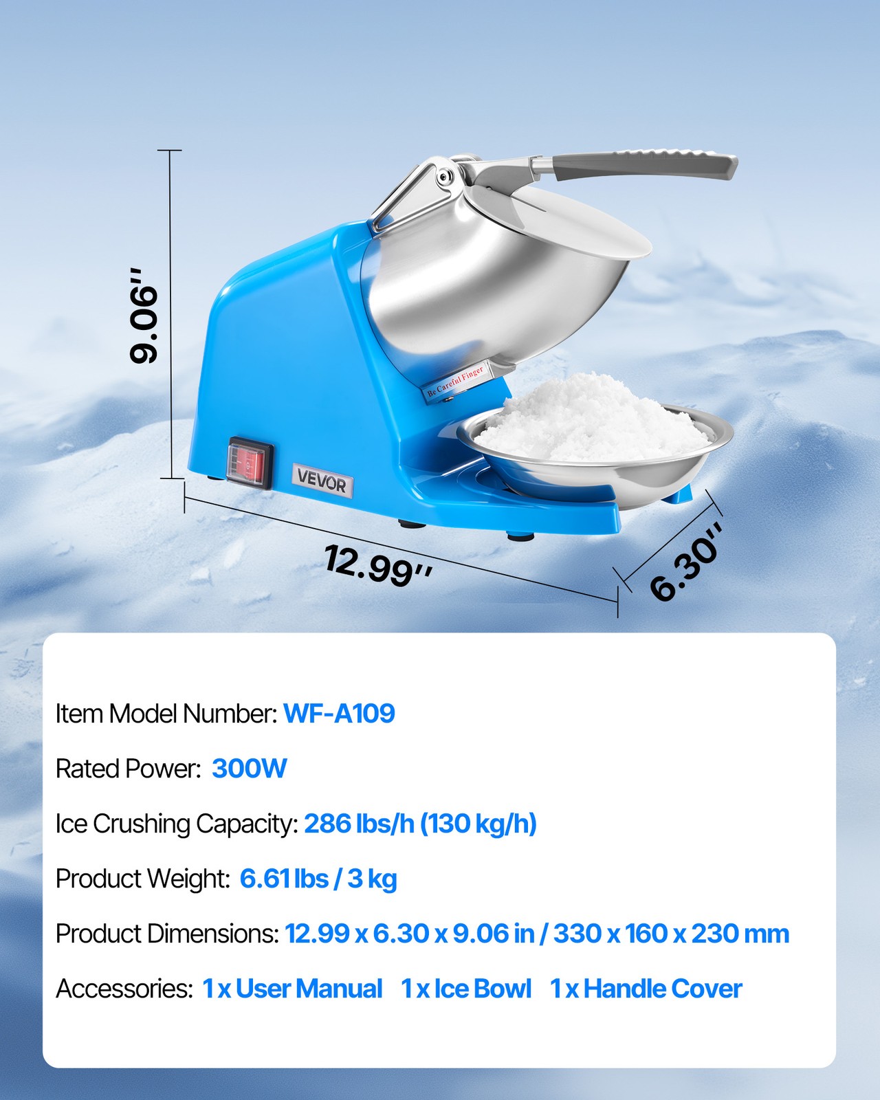 VEVOR Commercial Ice Crusher 286LBS/H Electric Snow Cone Maker Shaved Ice Blue