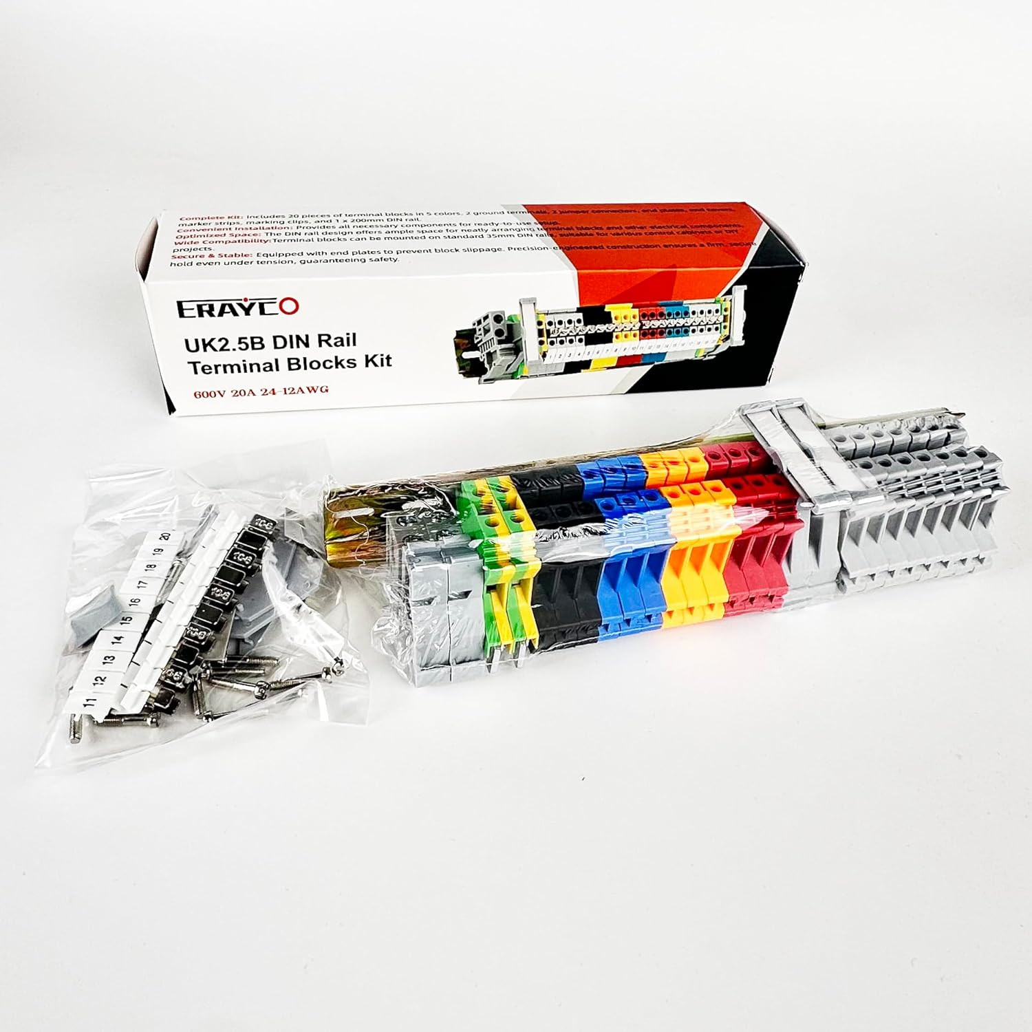 DIN Rail Terminal Block Kit 20 UK2.5B 12 AWG Gauge Terminal Blocks 20A 600V Grou