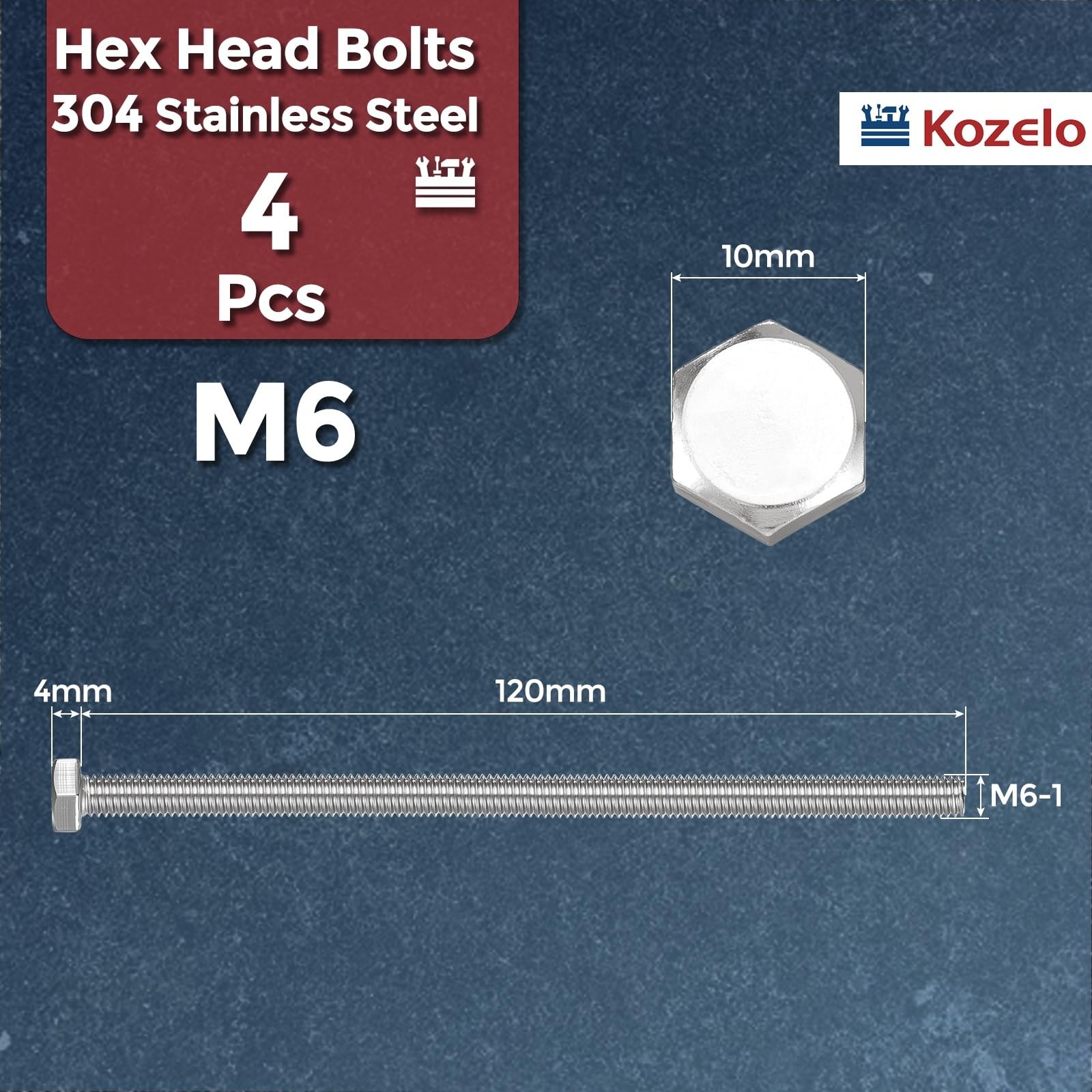 4 PCS M61x120 Hex Head Screws Bolts 304 Stainless Grade A270 Machine Silver