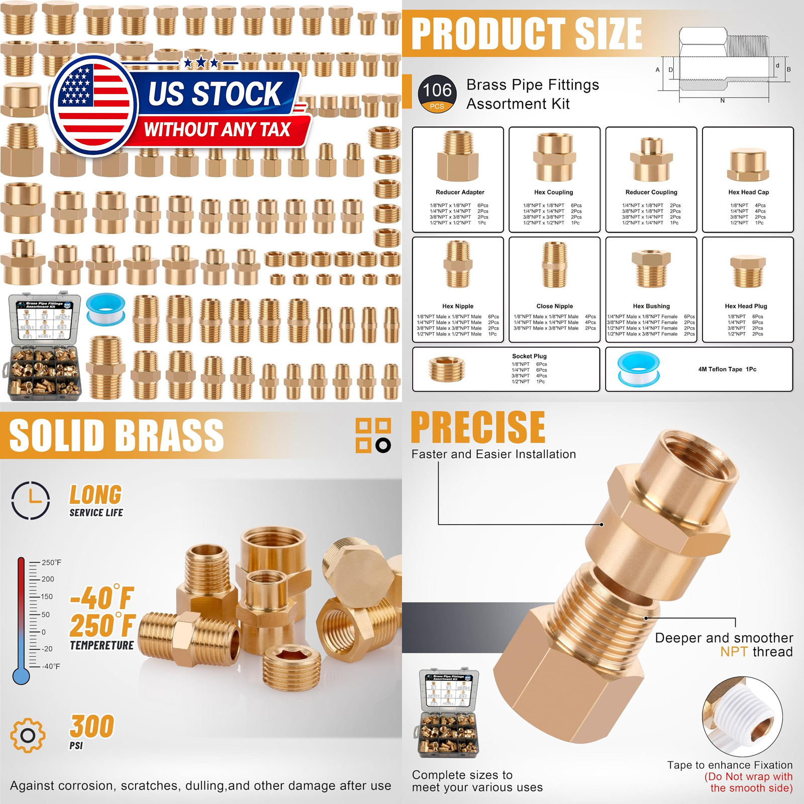 106PCS Brass Pipe Fittings Assortment Kit NPT Extension Adapter,Reducer