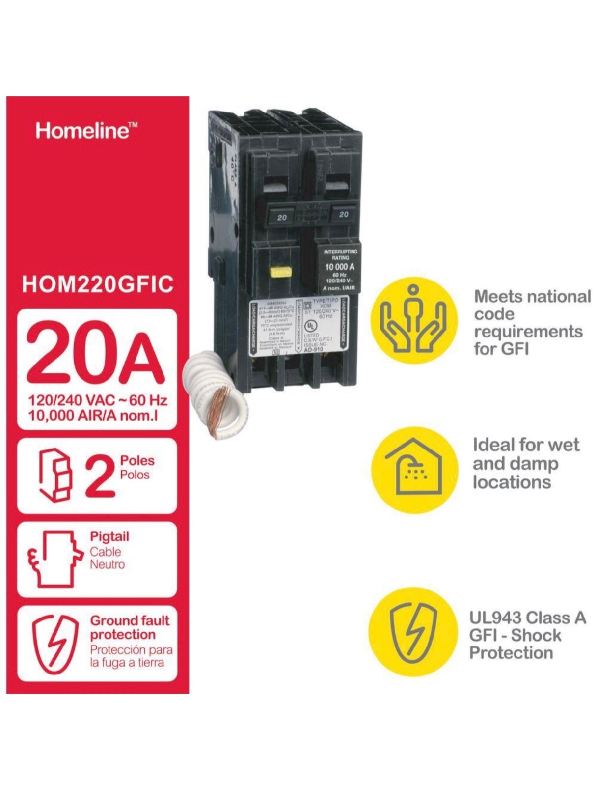 Square D Homeline HOM220GFIC 20 Amp 2-Pole GFCI Circuit Breaker