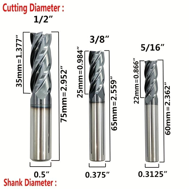 6PCS Carbide 4 Flute End Mill Set 6 Sizes 1/8-1/2″ Square AlTiCrN Coated