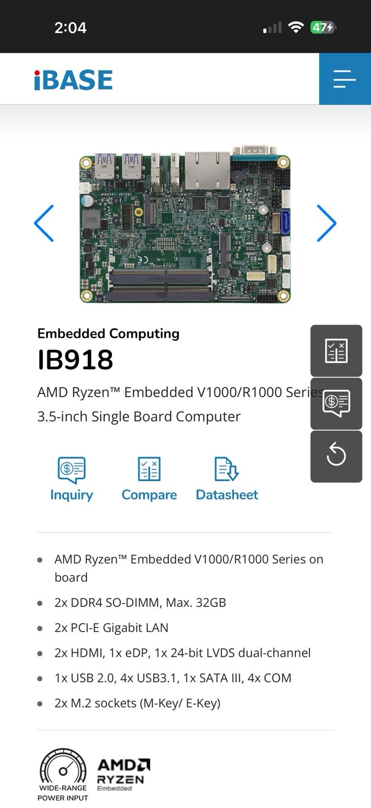 iBASE AMD Ryzen™ Embedded V1000/R1000 Series 3.5-inch Single Board Computer