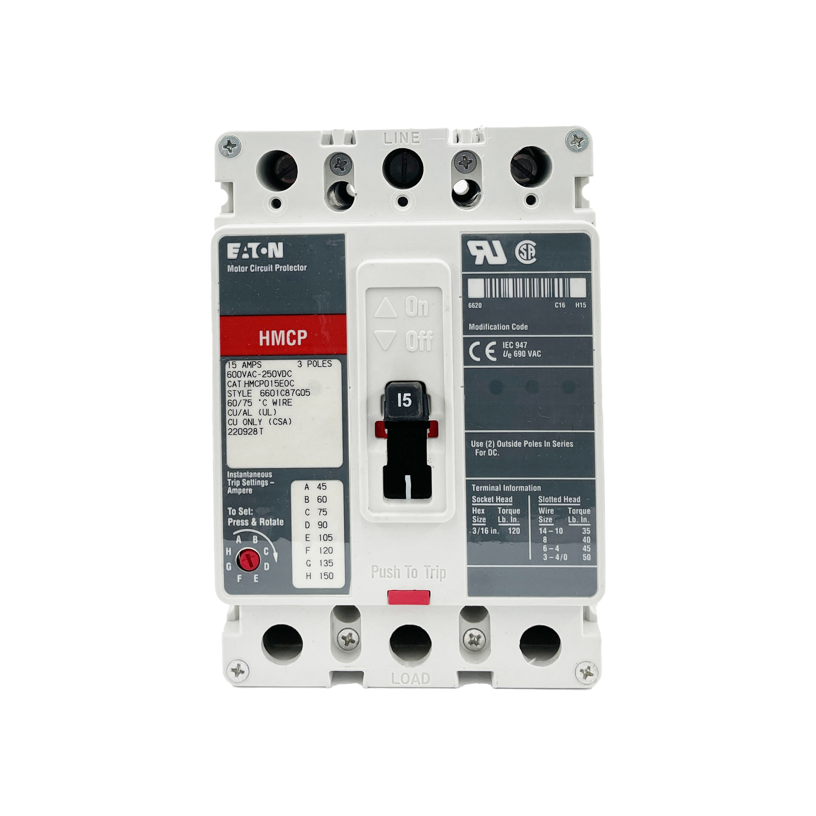 NIB – Eaton – HMCP015E0C – Molded Case Circuit Breaker – 15A, 3-Phases, 600V