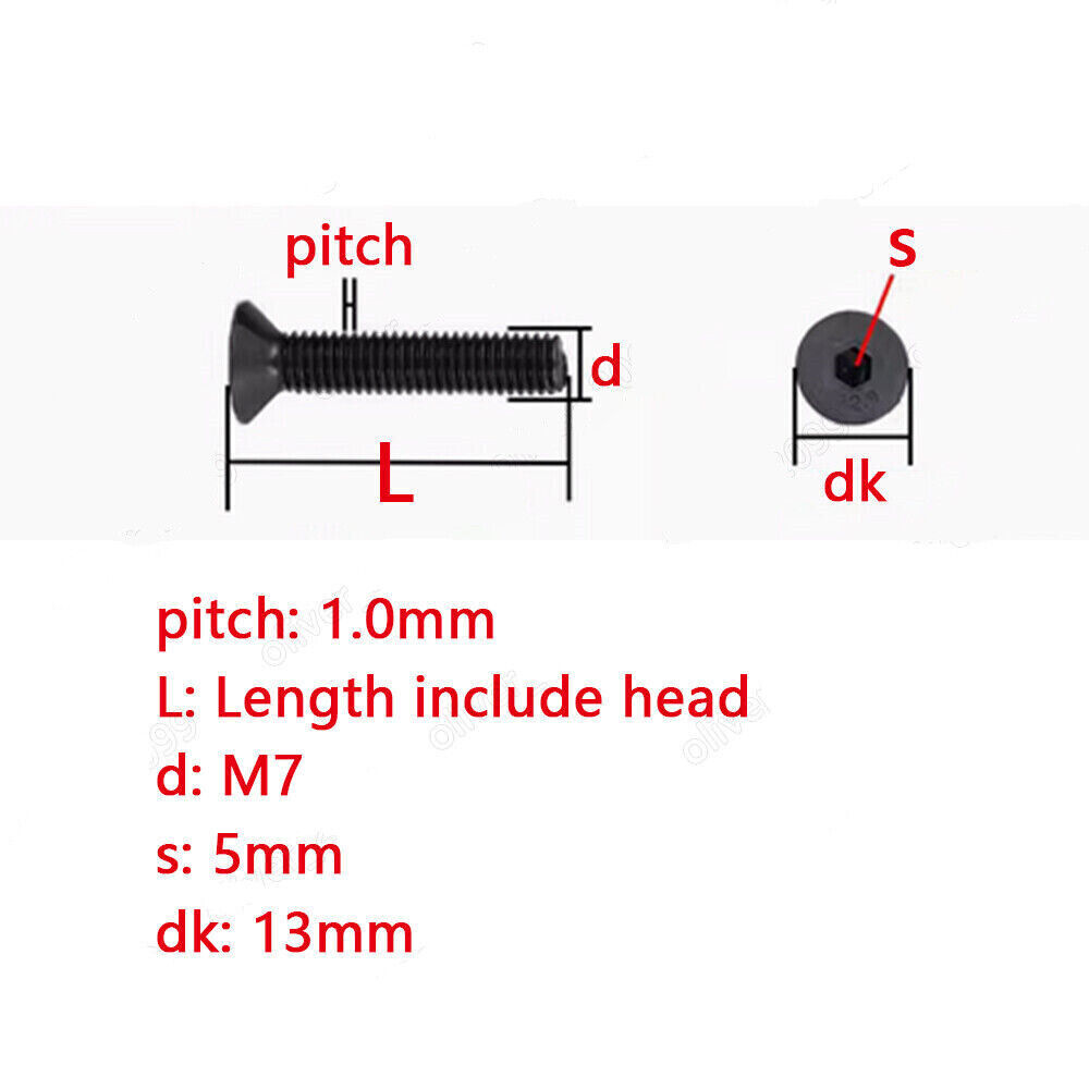 M7-1.0 Black 12.9 Steel Hex Socket Bolts Countersunk Flat Head Screws