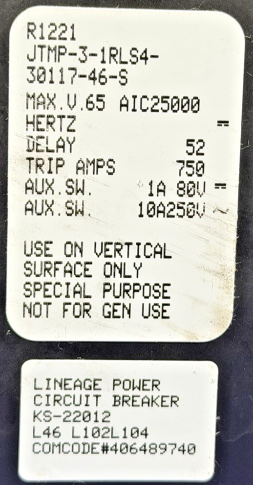 AIC25000 750 Amp 80V Airpax 3P Lineage Power Circuit Breaker 🟦