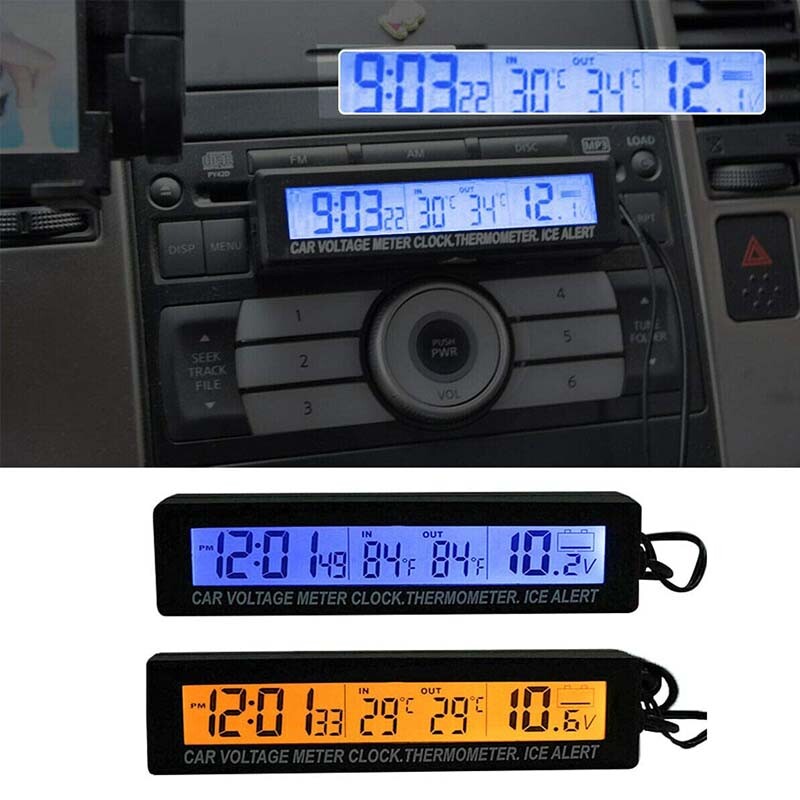 Car 3-in-1 Digital LCD Display Clock Voltmeter Thermometer Voltage Temperature