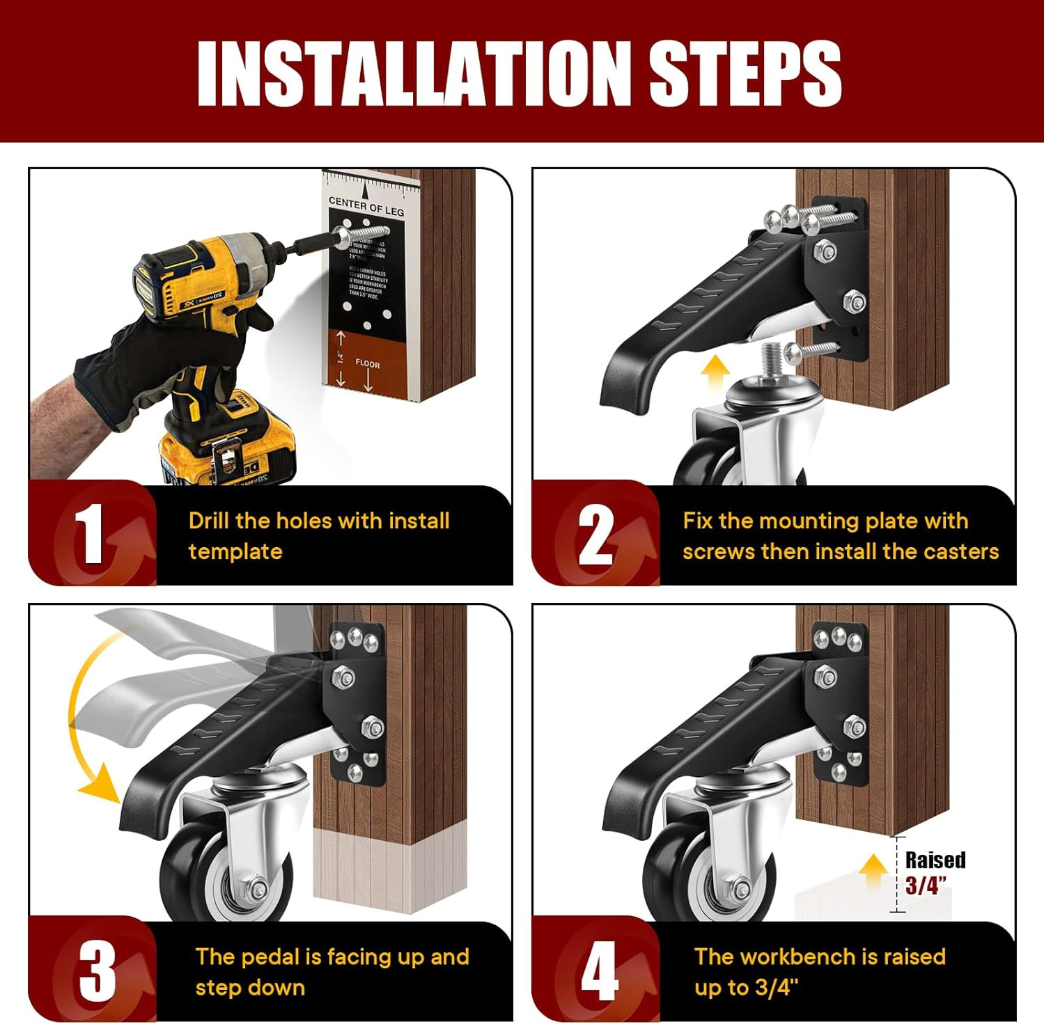 4Pack Retractable Workbench Casters Kit, Heavy Duty Workbenches Wheeels with 600