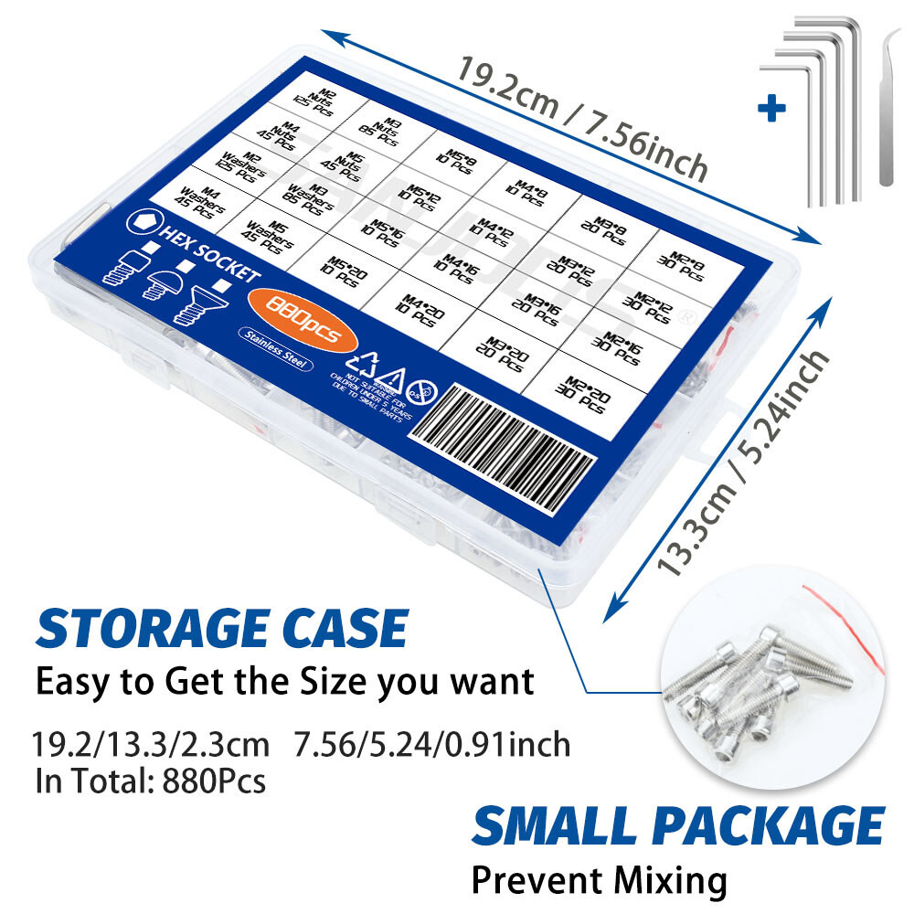 880pcs Metric Screws Assortment kit, Hex Socket Head Cap, Bolts Nuts Washers