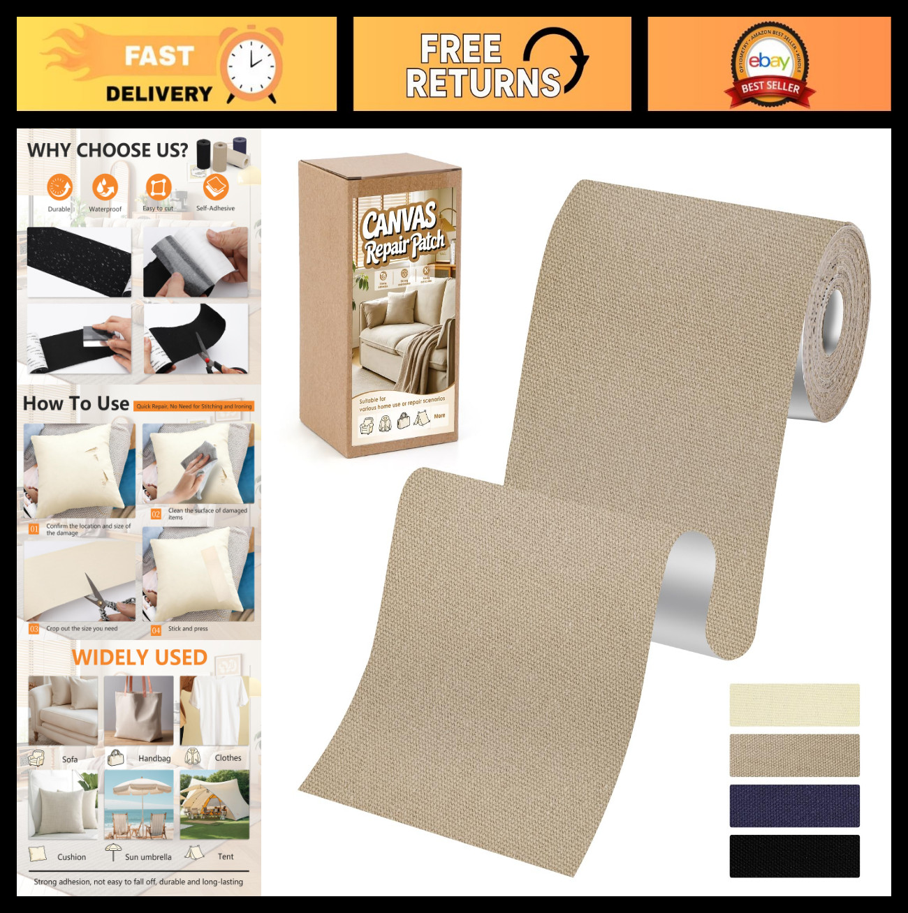Self-Adhesive Canvas Repair Tape 4″x79″ – Waterproof Fabric Patch for Furniture,