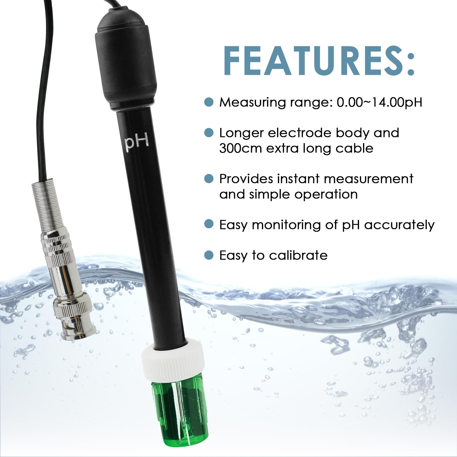 0-14 pH Electrode Probe, Meter with Replacement BNC 300 Cm