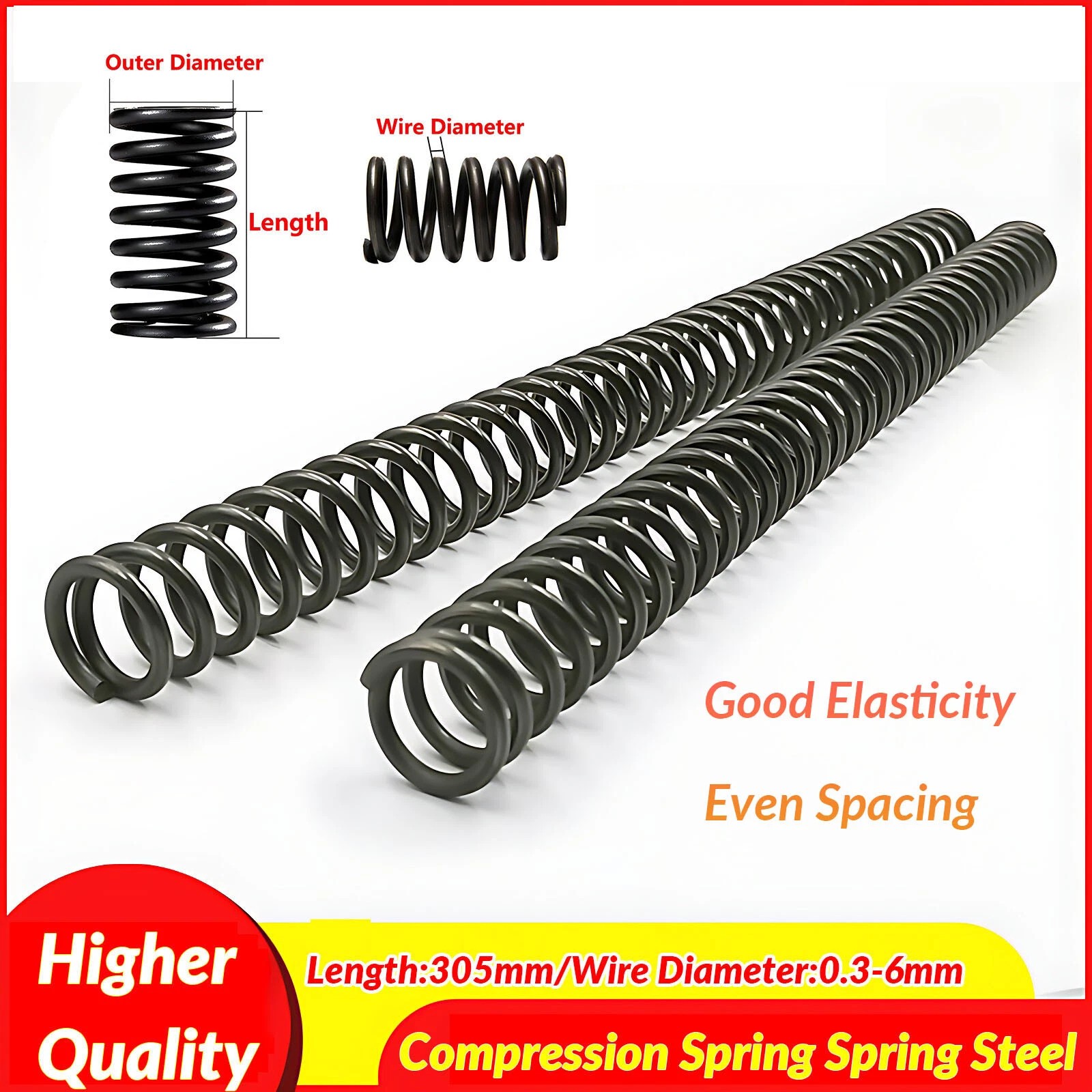 0.3-6mm Wire Dia Black Spring Steel Compression Spring Length 305mm Small Spring