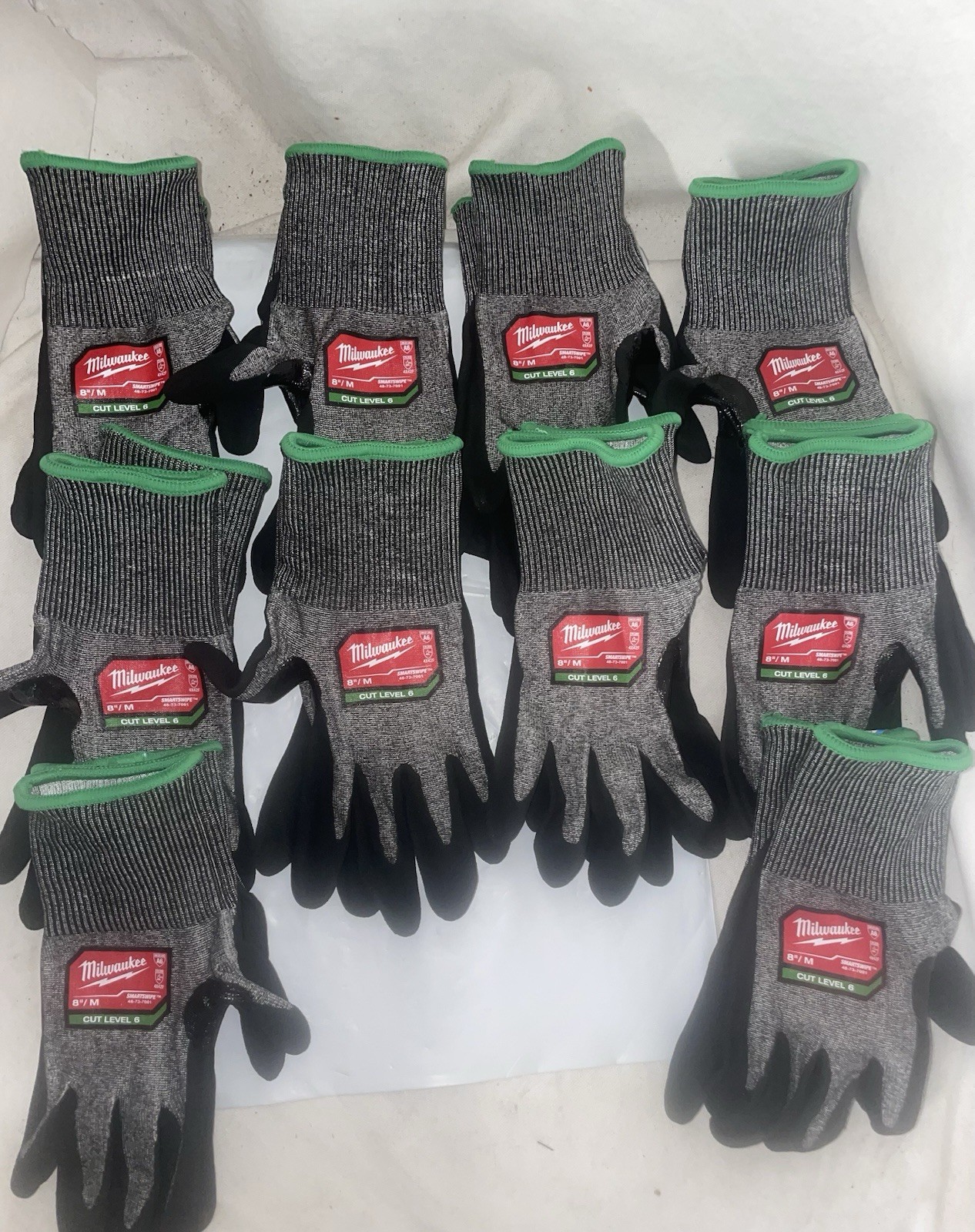 (10) Pair Milwaukee 48-73-7001 Size 8 (medium) Smartswipe Cut Level 6 Gloves