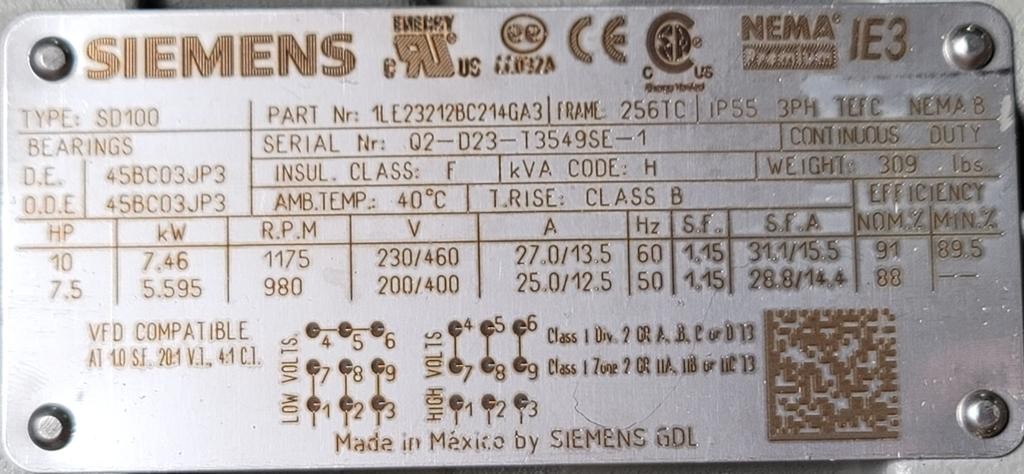 SIEMENS 10 HP 1200 RPM TEFC 230/460V 256TC FOOTLESS 3-PH MOTOR 1LE23212BC214GA3