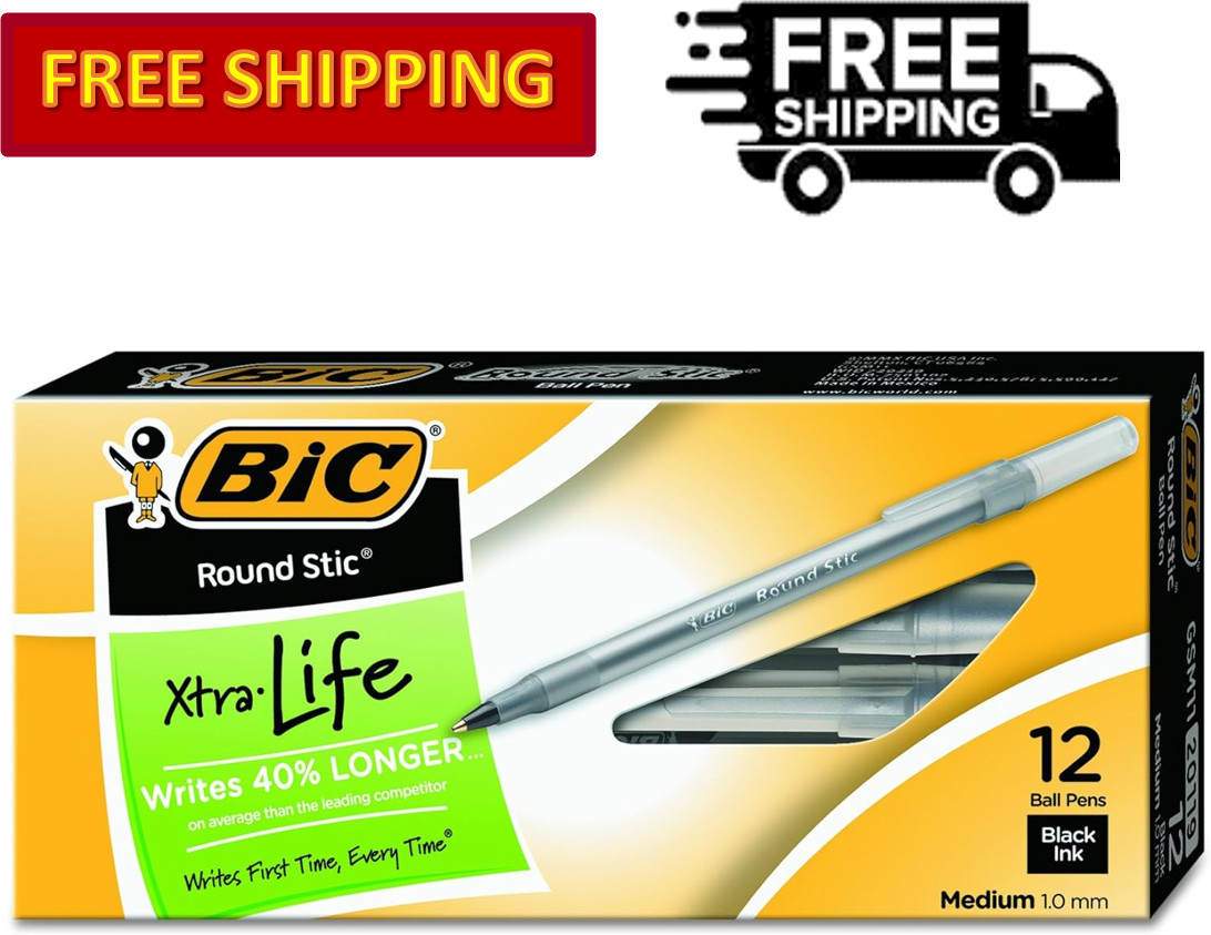 BIC Round Stic Xtra Life Black Ballpoint Pen Medium Point (1.0mm), 12-Count