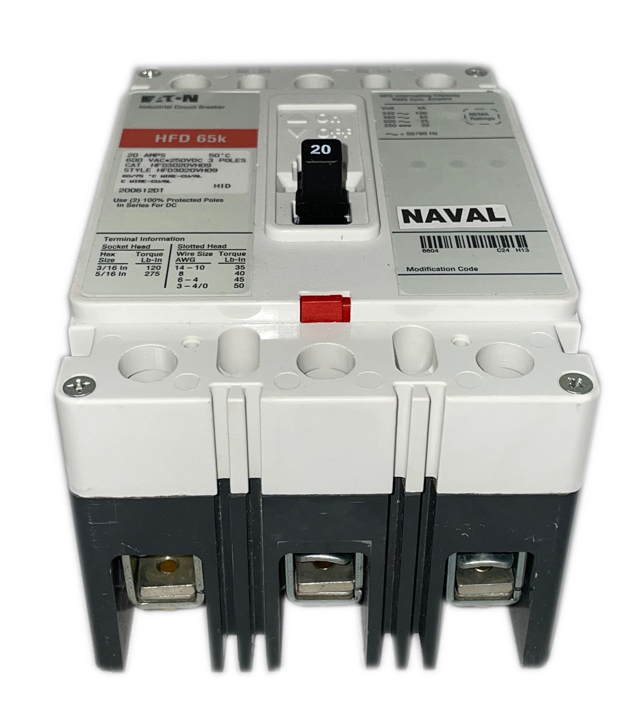 Eaton HFD3020VH09 Circuit Breaker, 20 Amp, 600Vac, 3-Pole, 50°C Rated, Naval