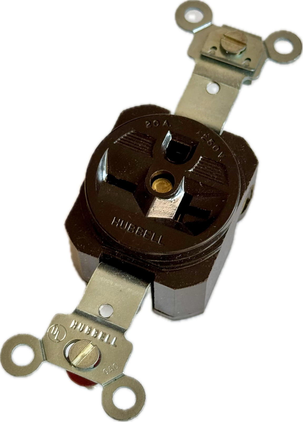 Hubbell 5461 2-Pole 3-Wire 20A 250V AC/DC Electrical Outlet Back and Side Wiring