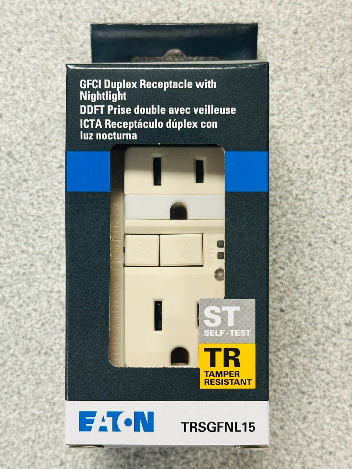NEW Eaton TRSGFNL15LA GFCI Duplex Receptacle w Night Light 15A 125V TR Lt Almond