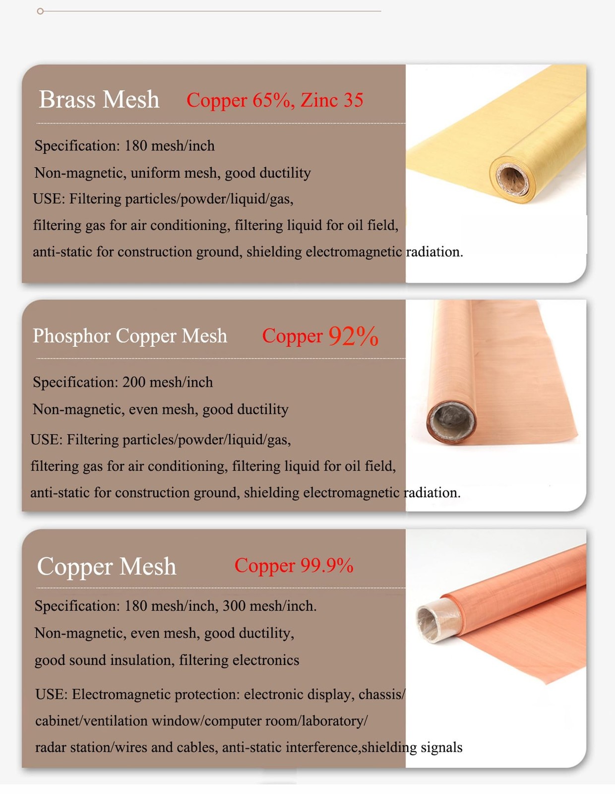 XIFENG Pure Copper Mesh Screen Roll 118»x39» / 3m x 1m 99% Copper Wire Mesh…