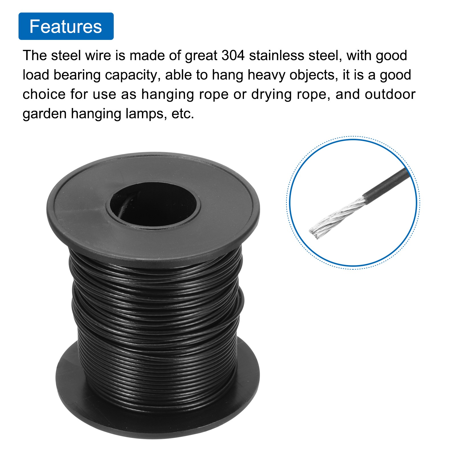 98Ft(30M) Wire Rope Stainless Steel Cable 1/24″ 10pcs Sleeves & Thimble Black