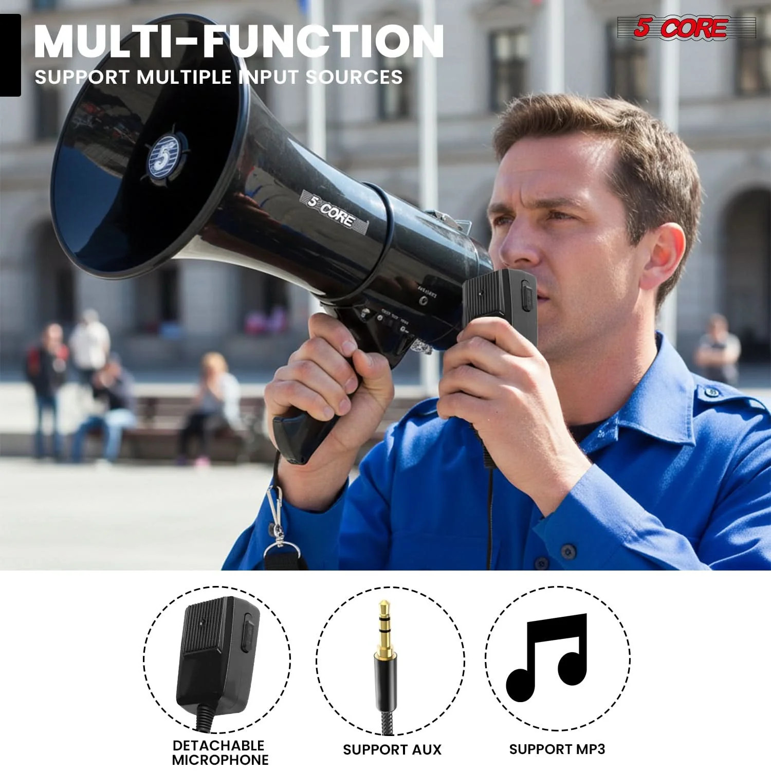 5 Core Megaphone Bullhorn 50W Speaker w Handheld Mic Shoulder Strap Loud Audio