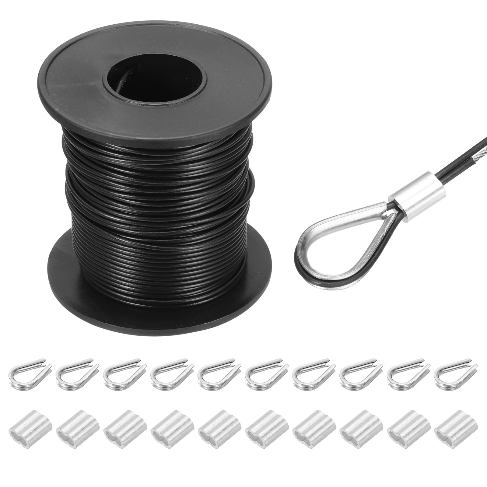 98Ft(30M) Wire Rope Stainless Steel Cable 1/24″ 10pcs Sleeves & Thimble Black